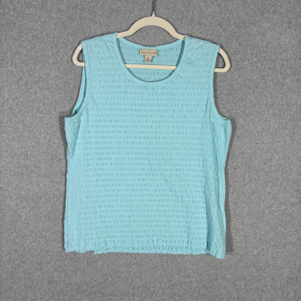Appleseeds Tank Top Large Textured Smocked Stretch Ruched Cami Turquoise Aqua